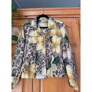 Chico’s 100% Linen Button Front Jacket Size 2 – Floral Leopard Print,